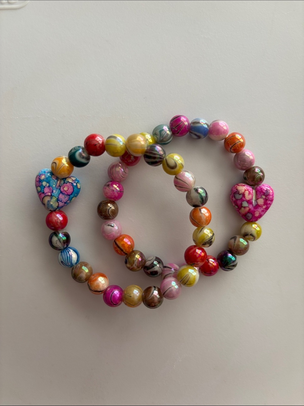 Multicolor Beaded Stretch Bracelet Set with Pink Heart Accent